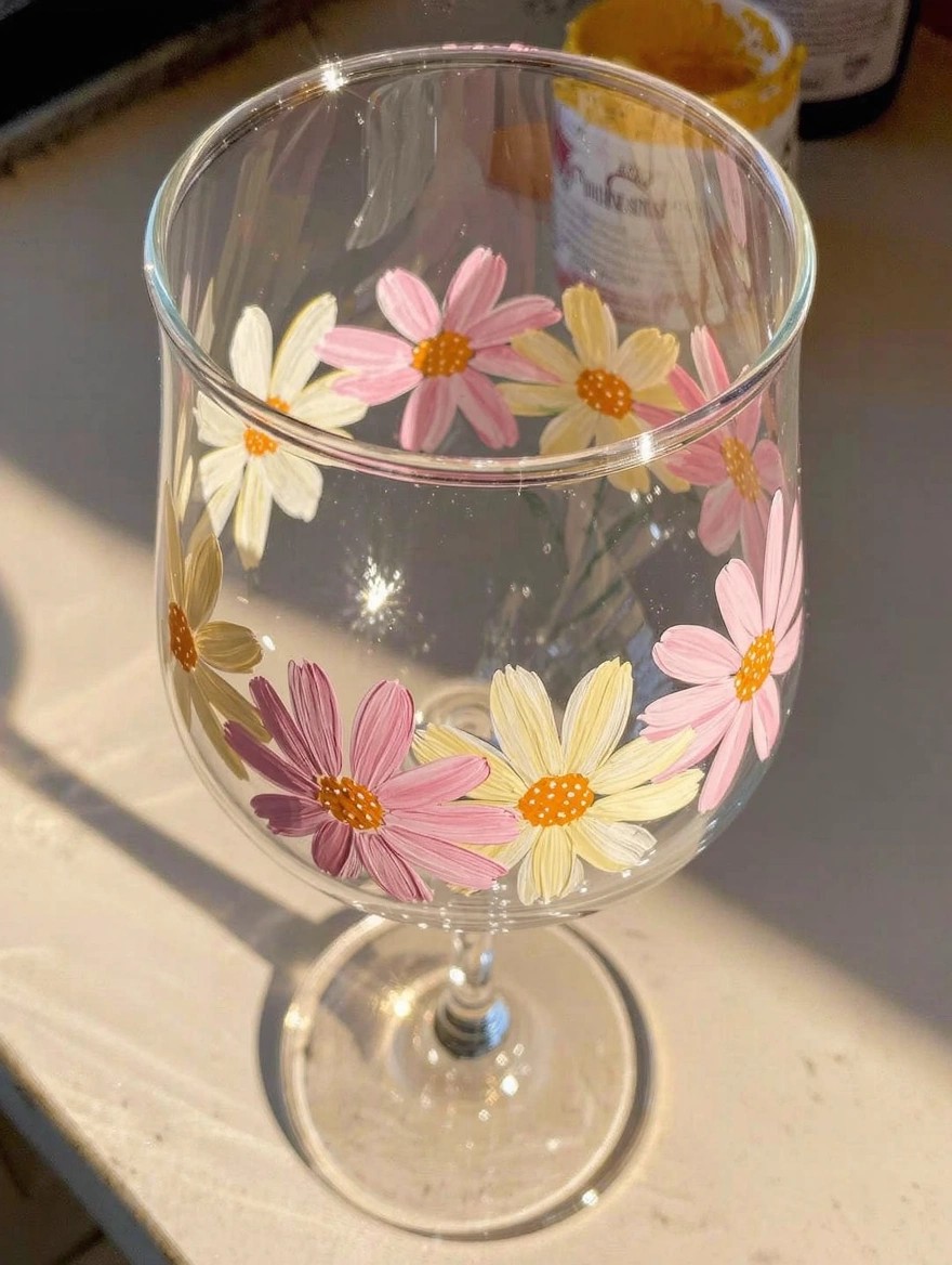 A clear stemmed wine glass painted with a circle of pink, yellow, and white daisies around the bowl, shown on a light counter next to yellow paint jars.
