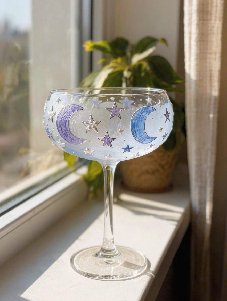 A clear coupe wine glass painted with purple and blue crescent moons, white stars, and pearl accents sits on a windowsill next to a potted plant.