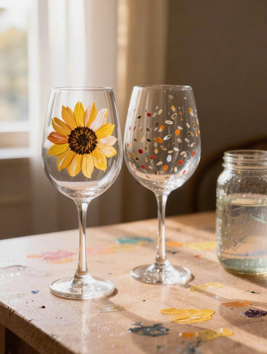 Two clear stemmed wine glasses with one painted sunflower and the other scattered seed dots sit on a paint-splattered table next to a water-filled mason jar.