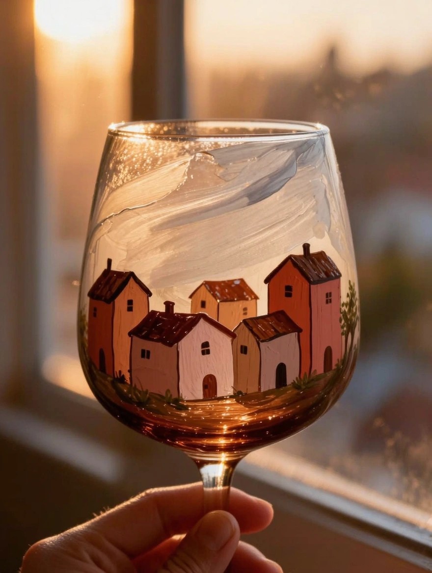 A hand holds a large wine glass painted inside the bowl with a row of colorful houses under cloudy sky swirls, backlit by sunset through a window.