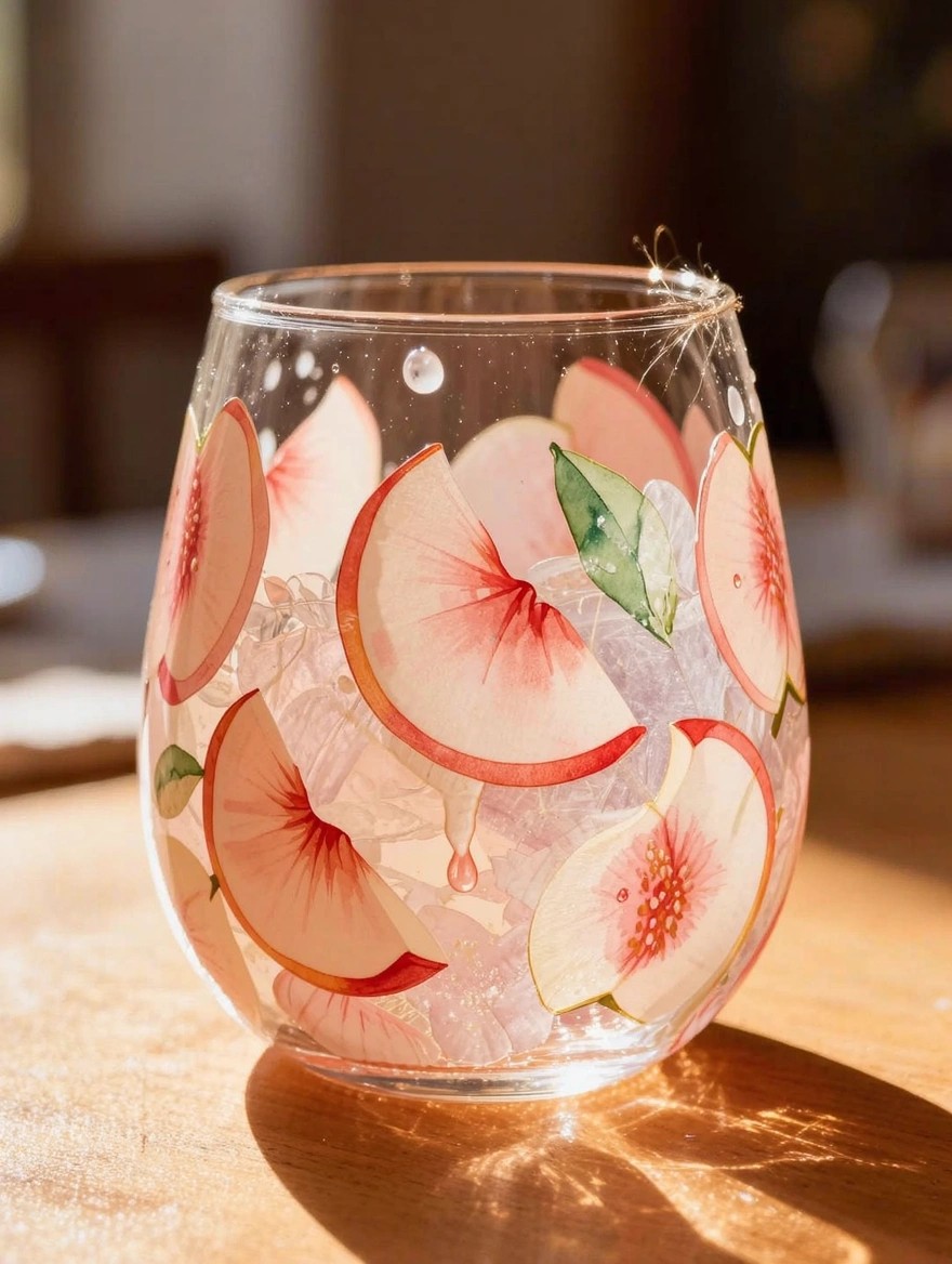 Clear wine glass painted with watercolor-style pink peach slices, green leaves, and droplets on the exterior, filled with ice and water on a wooden table.