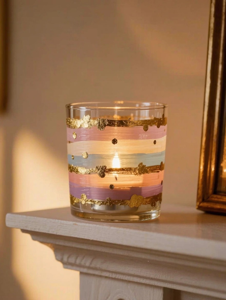 Clear cylindrical glass votive holder painted with colorful stripes and gold dots and flecks, holding a lit tealight candle on a white shelf near a wooden mantel.