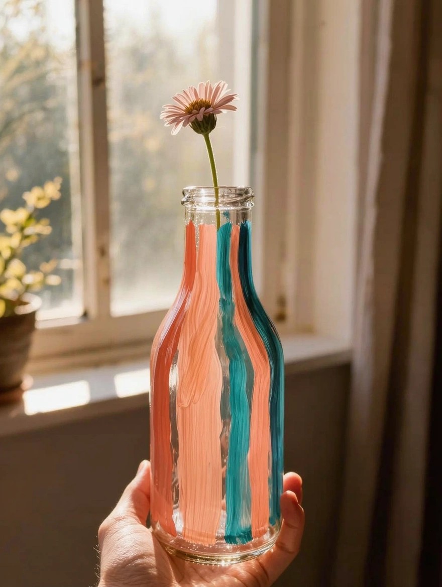 A hand holds a clear glass bottle with vertical coral pink and teal painted stripes used as a vase for a single pink daisy flower near a sunny window.
