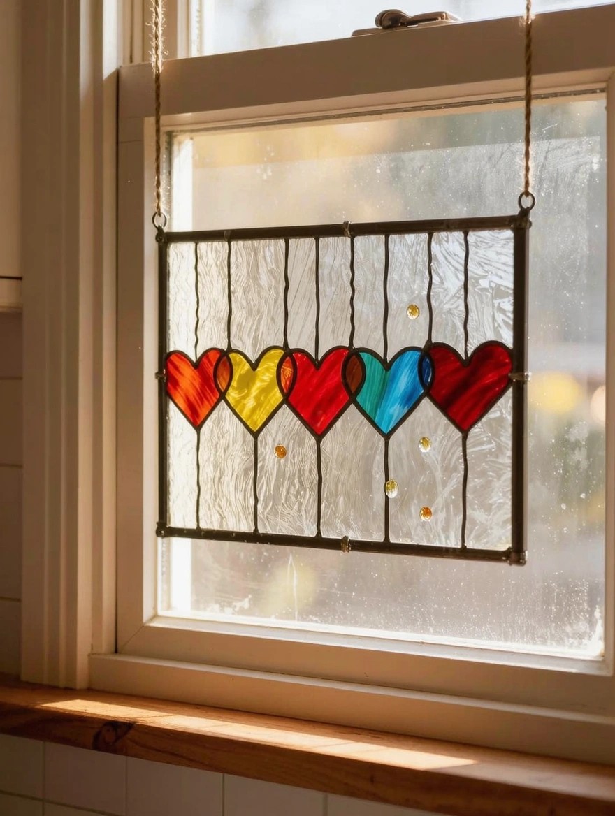 A stained glass suncatcher panel featuring four colorful interlocking hearts hangs by ropes in a kitchen window.