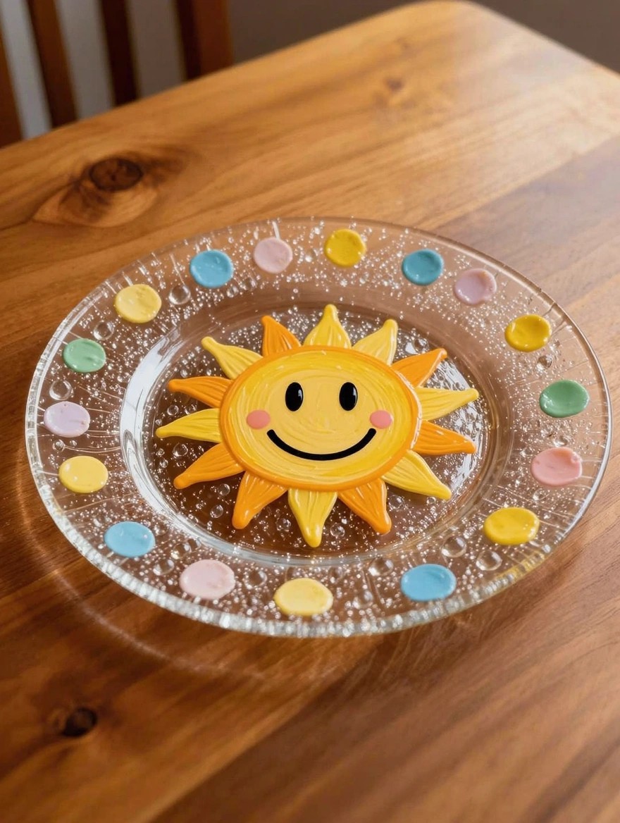 A clear glass plate with a painted orange smiling sun in the center and colorful dots around the edge sits on a wooden table.
