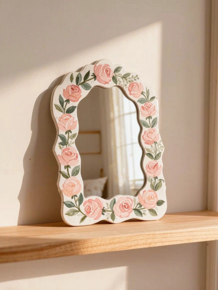 A small arched mirror with a creamy white frame hand-painted with pink roses and green leaves sits on a wooden shelf against a beige wall.