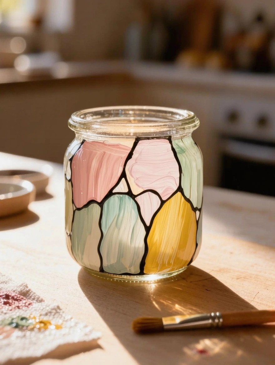 A clear glass jar painted with colorful abstract stained glass-style panels in pink, green, and yellow outlined in black sits on a wooden table next to a paintbrush.