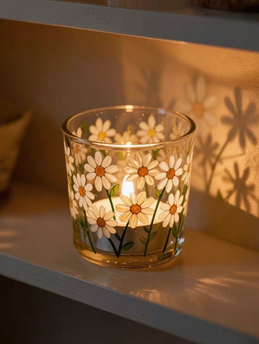 Clear cylindrical glass candle holder painted with white daisies, yellow centers, and green stems, lit from inside on a wooden shelf.