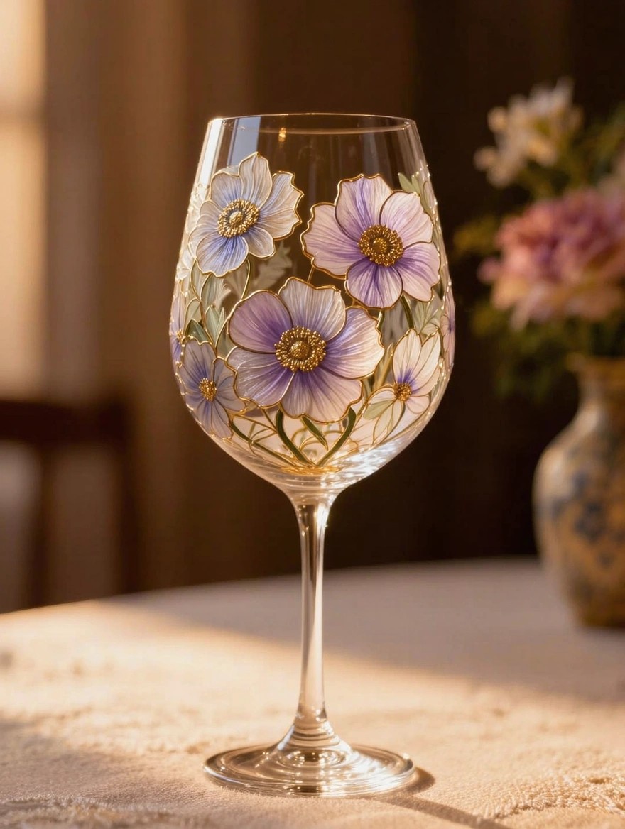Clear stemmed wine glass hand-painted with purple and white anemone flowers, gold outlines, and green leaves on the bowl, set on a beige table with warm lighting.