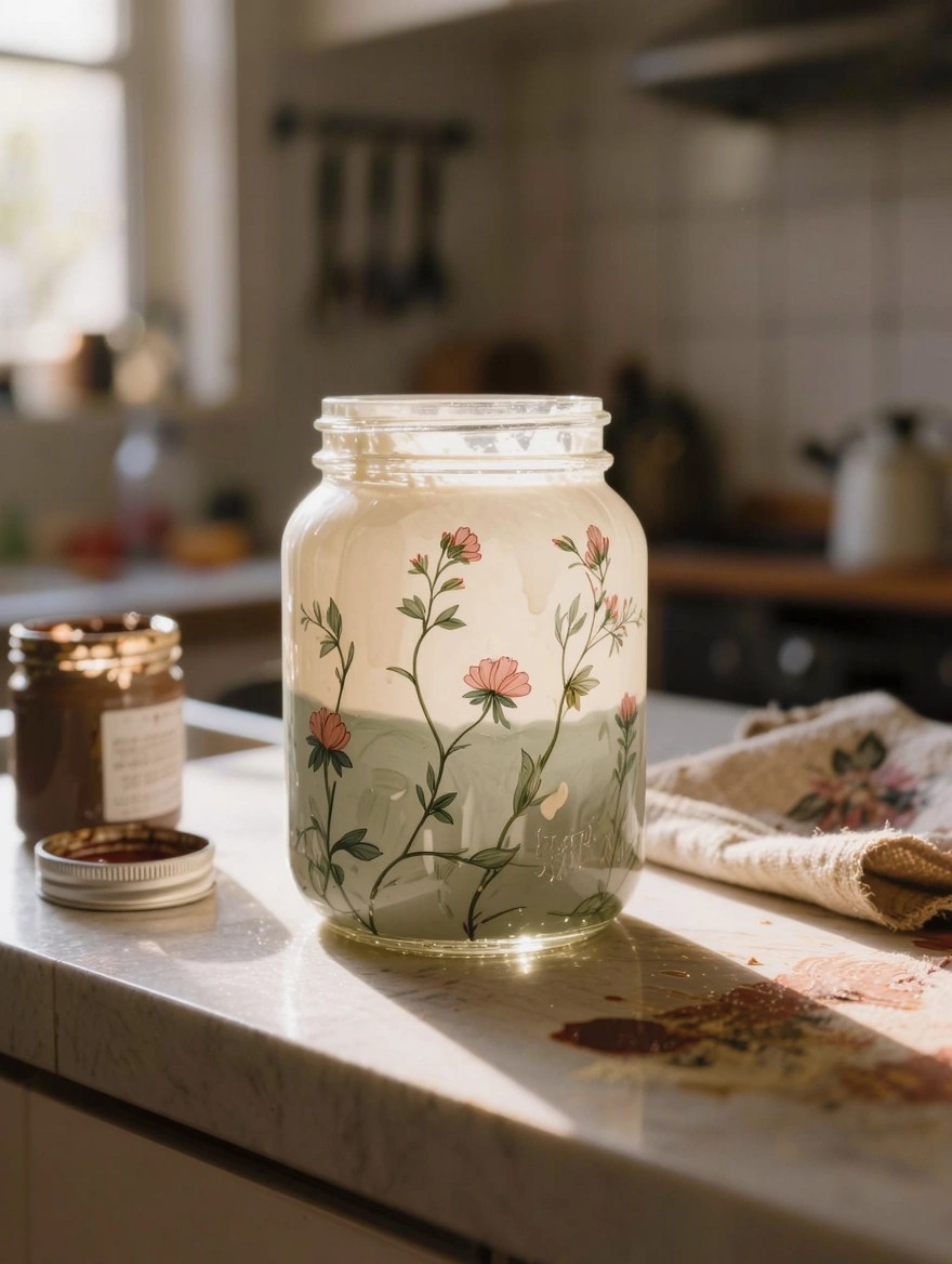A clear glass mason jar painted with pink flowers and green stems sits on a kitchen counter next to an open Nutella jar with chocolate smears nearby.