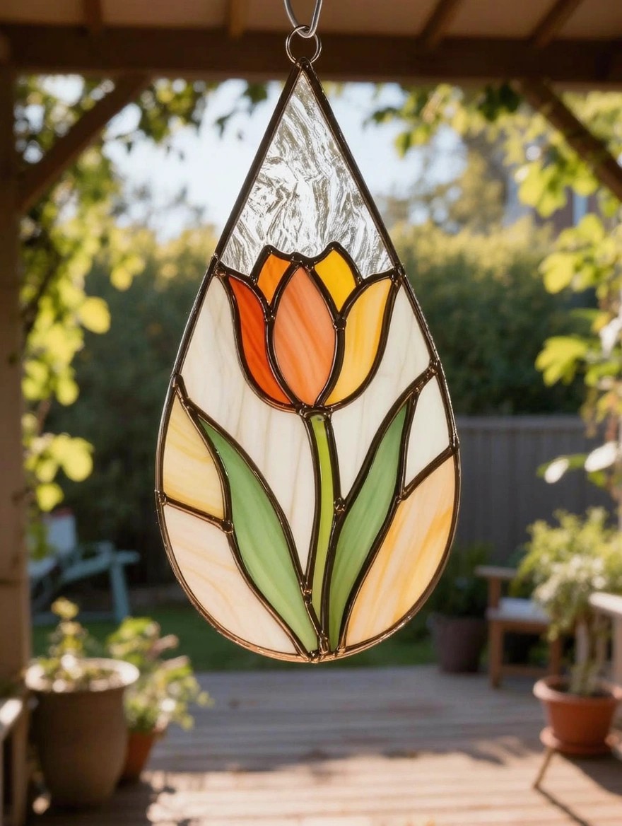 A teardrop-shaped stained glass suncatcher featuring a colorful tulip hangs from a chain under an outdoor pergola surrounded by plants and pots.