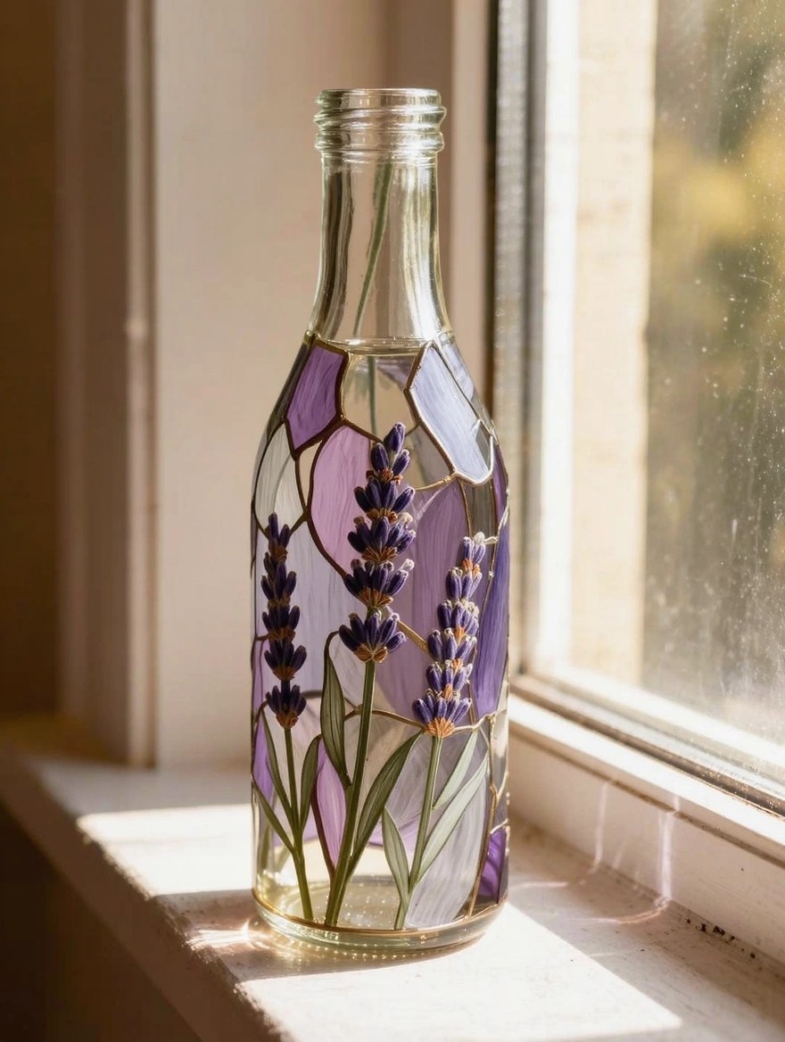 A clear glass bottle with purple and green stained glass-style lavender painting sits on a windowsill with sunlight behind it.