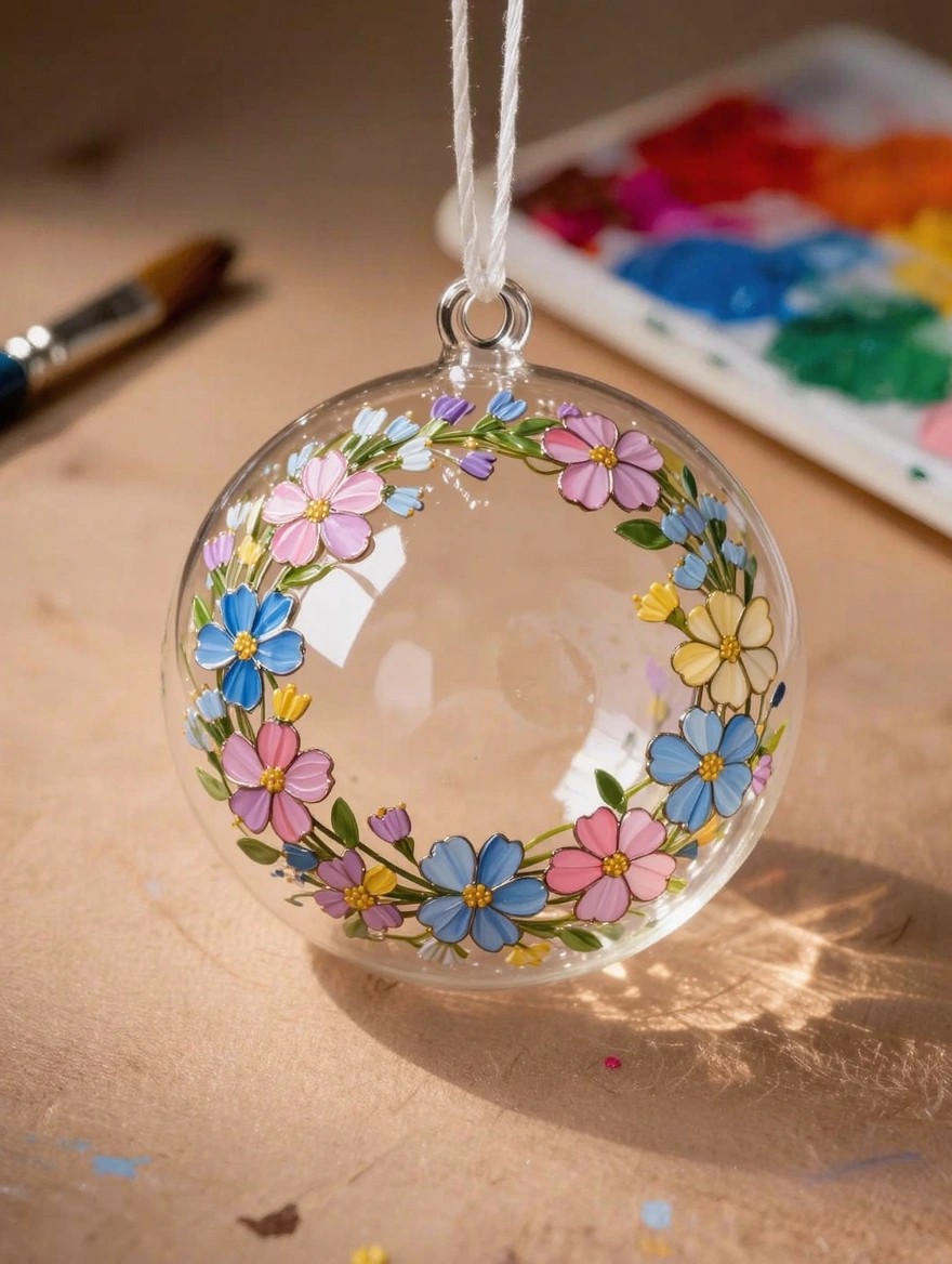 Clear glass ball ornament painted with a circular wreath of small pink, blue, yellow, and purple flowers and green leaves, suspended by a string next to a paintbrush and watercolor palette on a wooden surface.