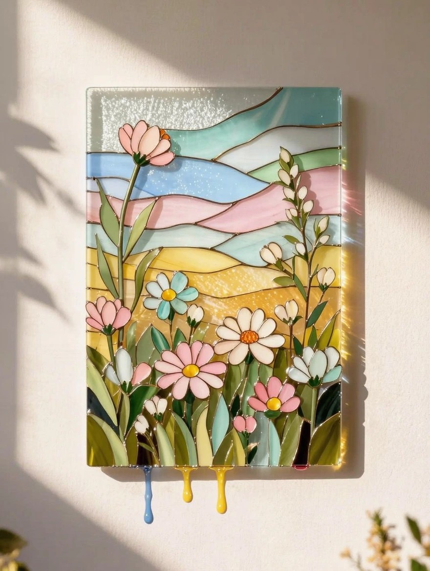 Rectangular stained glass panel depicting pastel flowers and wavy hills hung on a white wall with sunlight shining through and blue and yellow paint drips at the bottom corners.