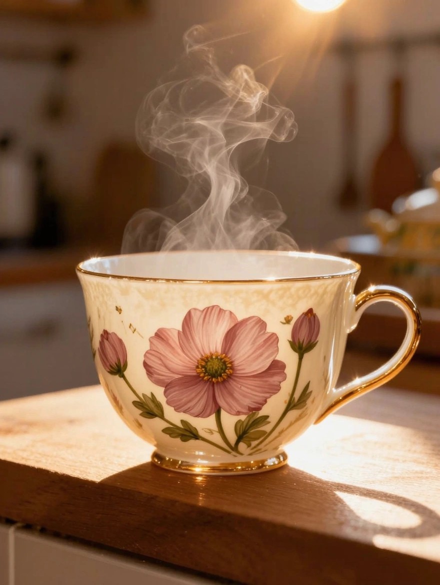 Cream-colored glass teacup with pink anemone flowers, buds, and gold trim on rim and handle, steam rising from hot liquid inside on a wooden surface.
