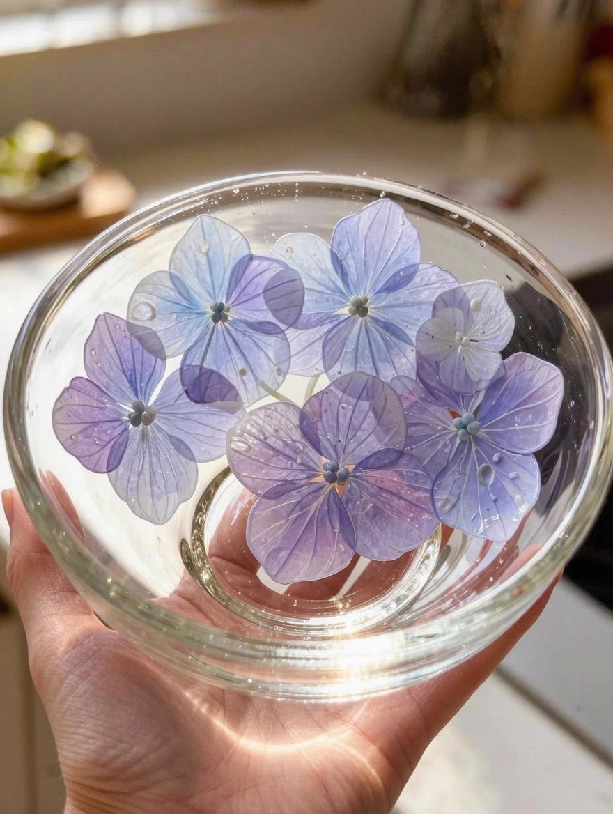 A hand holds a clear glass bowl filled with translucent purple hydrangea flowers painted inside.