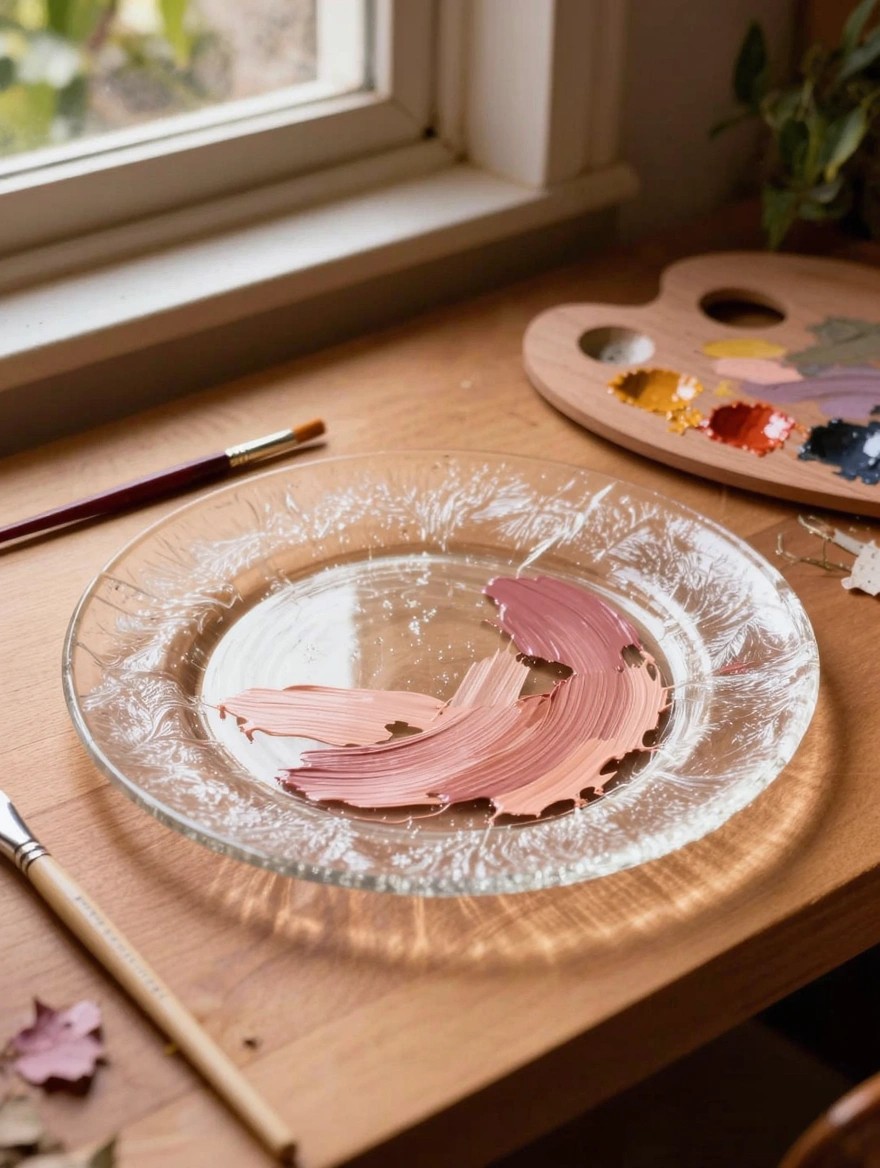 Clear etched glass plate with pink paint strokes in shallow water sits on a wooden table next to brushes, a paint palette, and art supplies.
