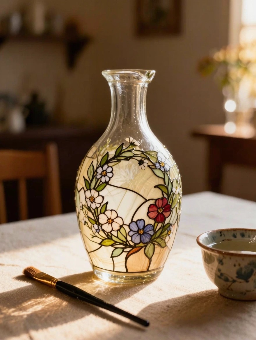 Clear glass vase with stained glass-style painted floral wreath on a wooden table next to a paintbrush and small ceramic bowl with tea.