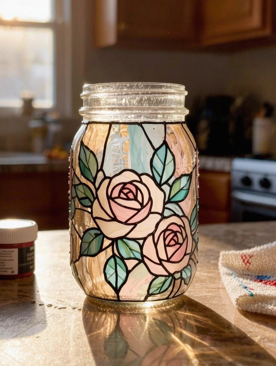 A clear mason jar painted with pink roses and green leaves in stained glass style sits on a kitchen counter in sunlight next to a small paint jar.