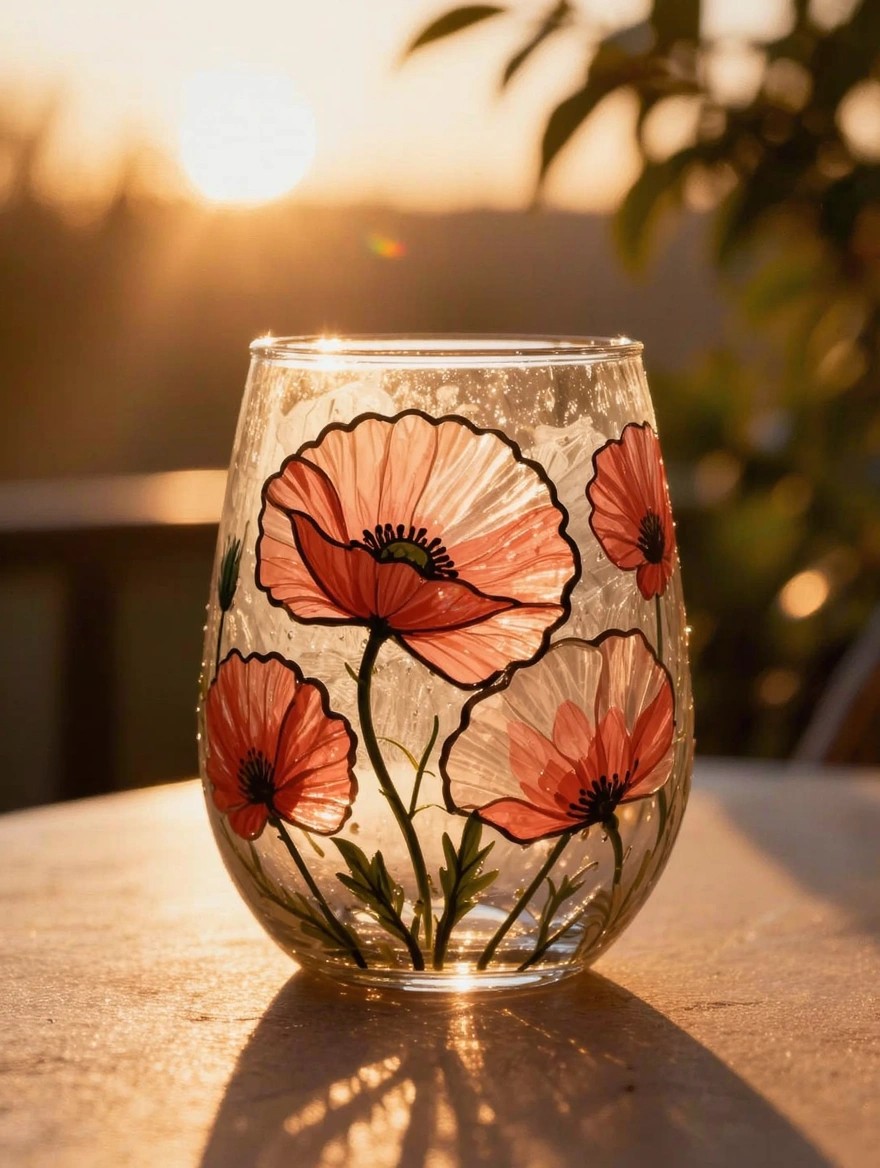 Clear stemless wine glass hand-painted with multiple red poppies and green stems sits on a wooden table outdoors at sunset.