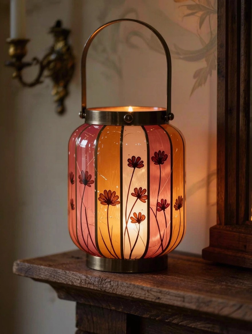 A lit glass lantern with pink, orange, and white vertical stripes, painted cosmos flowers, brass handle and base, sits on a wooden shelf near a wall sconce.