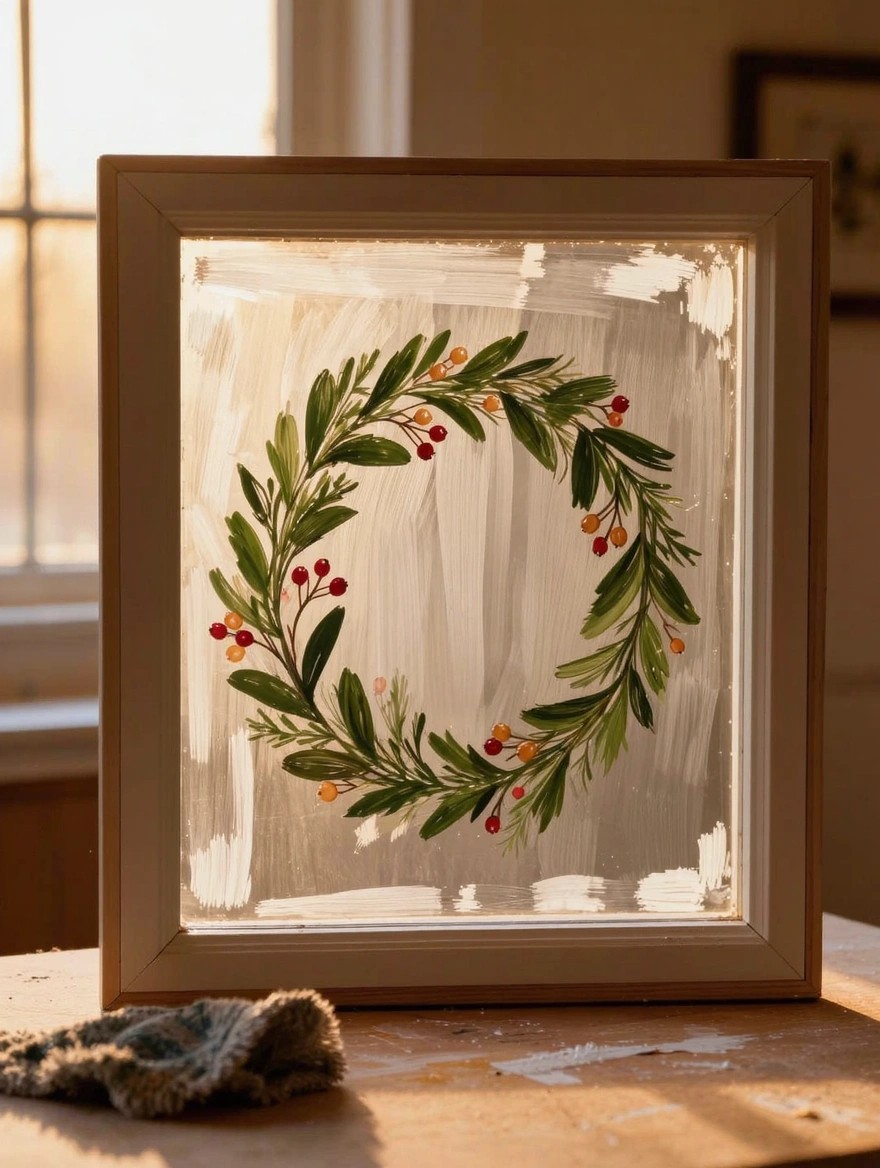 Framed rectangular glass panel with painted green leafy wreath and red-orange berries on a white distressed background, sitting on a workbench near a window.