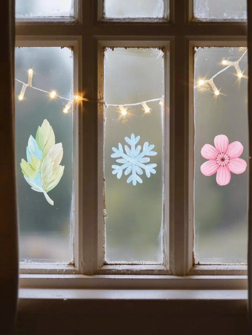 A divided window with translucent painted leaf on the left pane, snowflake on the center pane, and pink flower on the right pane, framed by fairy lights.