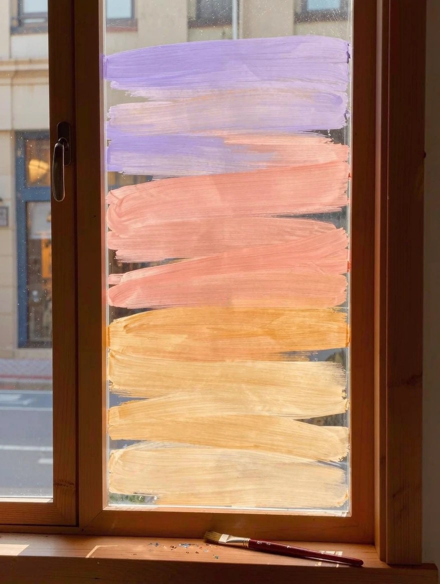 Window pane painted with horizontal translucent stripes graduating from purple to yellow, paintbrush and glitter on wooden sill.
