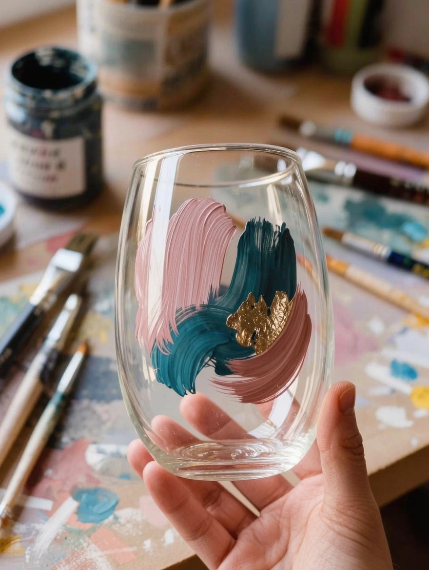 A hand holds a clear stemless wine glass painted with abstract pink, teal, and gold brush strokes on a craft table surrounded by paints and brushes.
