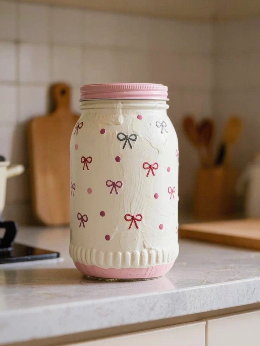 White painted glass mason jar with pink polka dots and bow designs, pink lid, on a kitchen counter amid utensils and cookware.