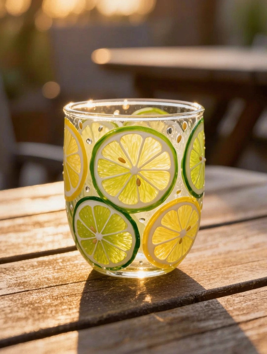 A clear glass tumbler with painted yellow lemon and green lime slices sits empty on a wooden table at sunset.