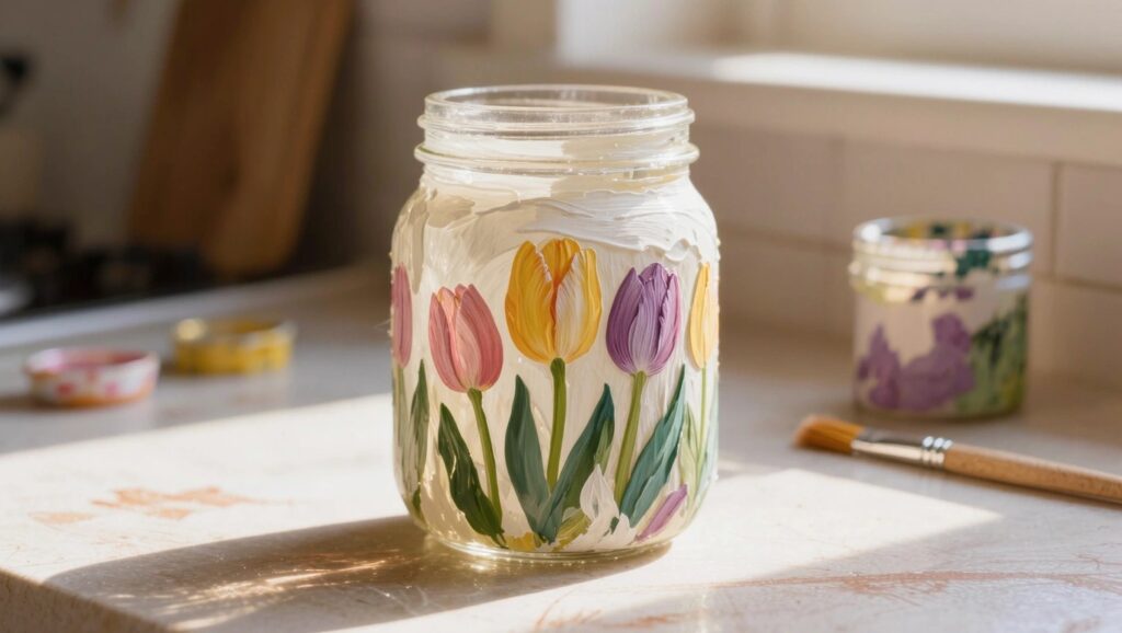 18 Simple Glass Painting Ideas Anyone Can Try Without Experience Clear glass mason jar hand-painted with multicolored tulips sits on a wooden table near brushes and paint.