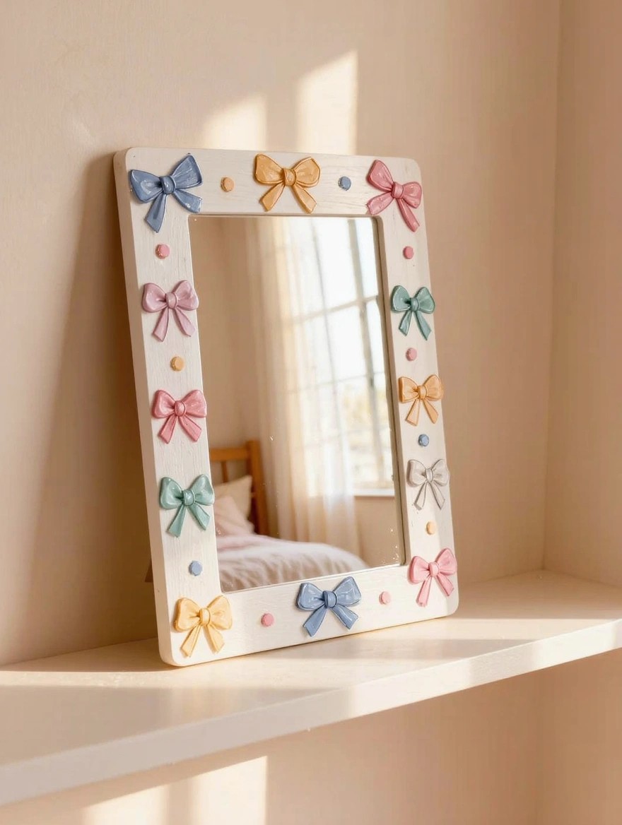A white wooden-framed mirror decorated with handmade pastel-colored bows and dots sits on a shelf, reflecting a bed in a light room.