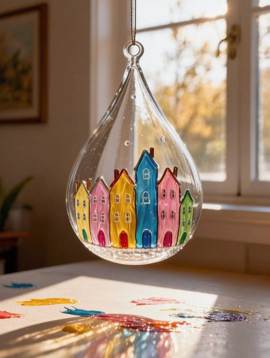 A clear teardrop-shaped glass ornament with painted colorful houses inside hangs by a string in a sunlit room near a window, with paint splatters on the table below.