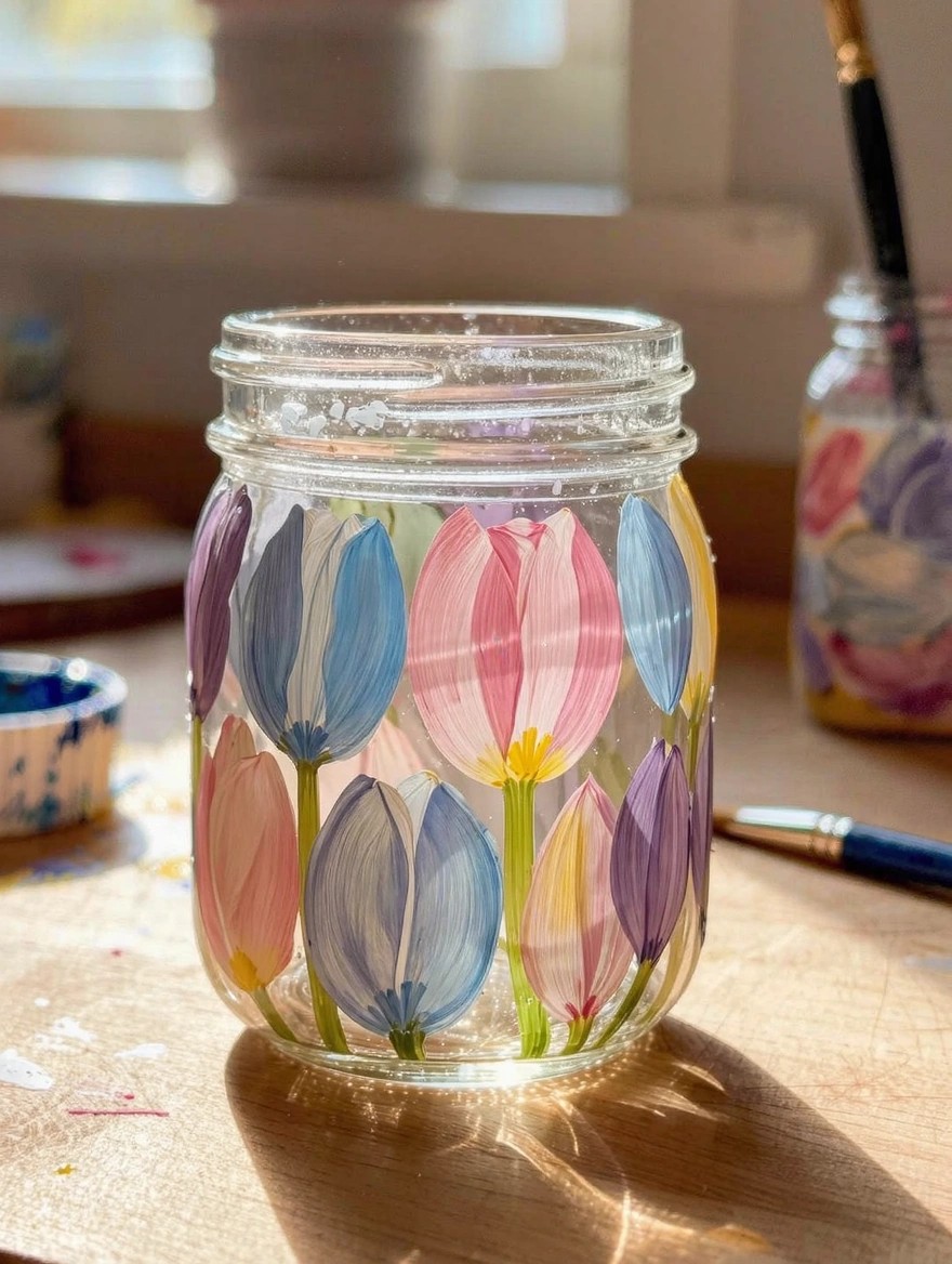 Clear glass mason jar hand-painted with multicolored tulips sits on a wooden table near brushes and paint.