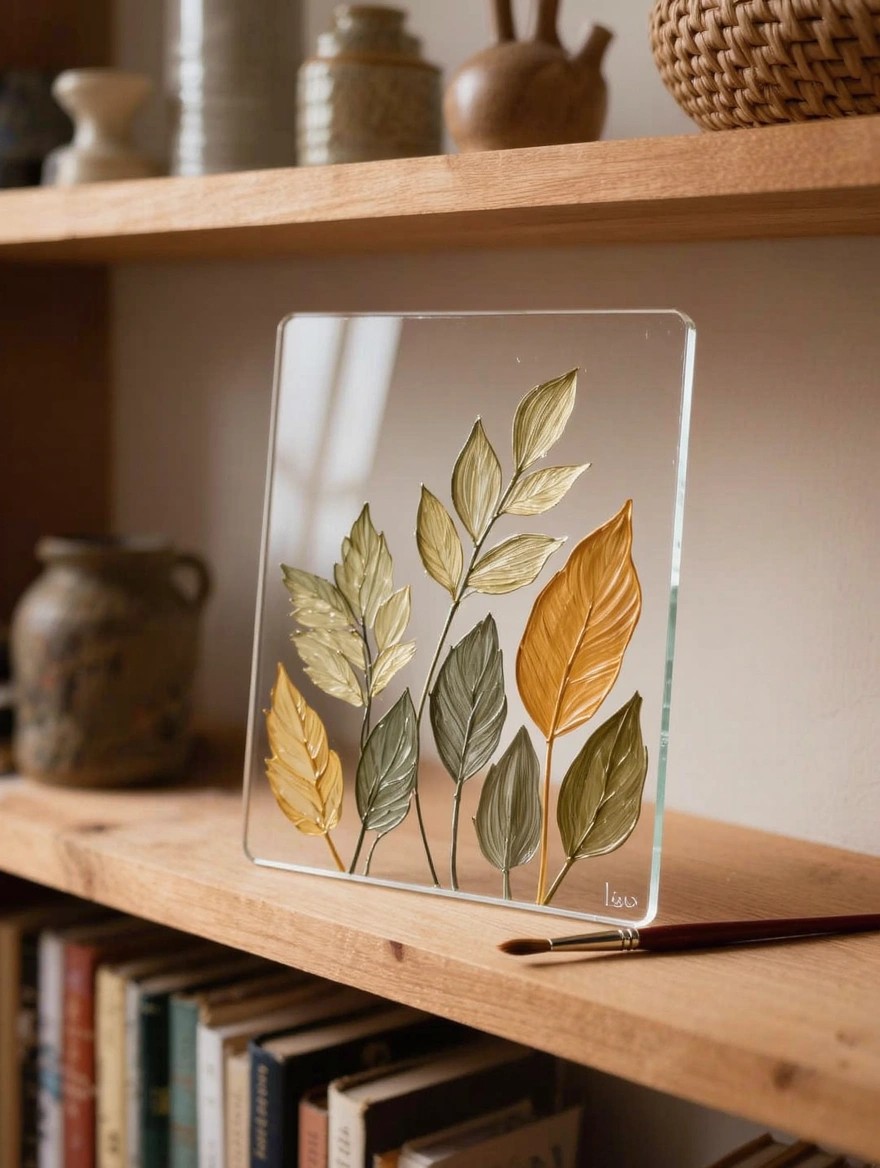 A clear square glass panel with painted autumn leaves in beige, green, yellow, and orange sits on a wooden shelf next to books, pottery, and a paintbrush.