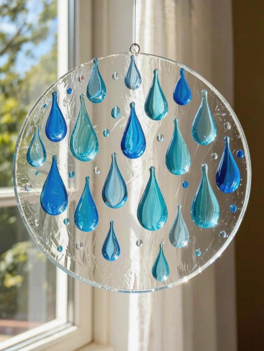 A circular transparent glass suncatcher hangs in a window, covered in small raised blue raindrop shapes in varying shades and sizes.