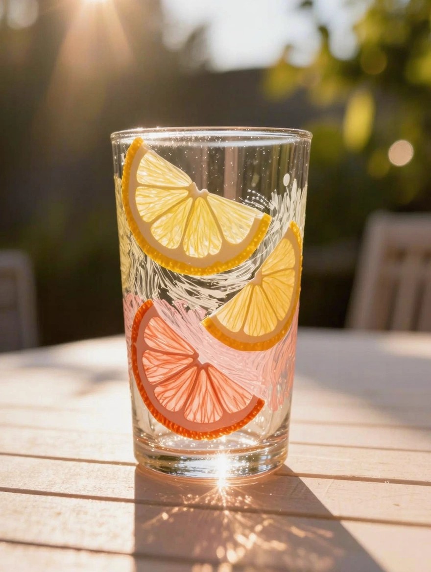 A tall clear drinking glass painted with yellow lemon slices, pink orange slices, and water droplets sits on a wooden table in sunlight.