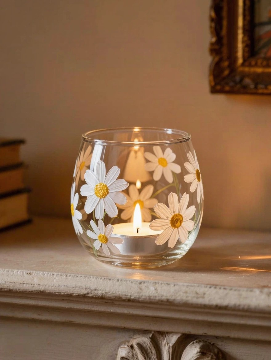 Clear glass votive holder painted with white daisies and yellow centers holds a lit tealight candle on a wooden shelf beside stacked books and a framed picture.
