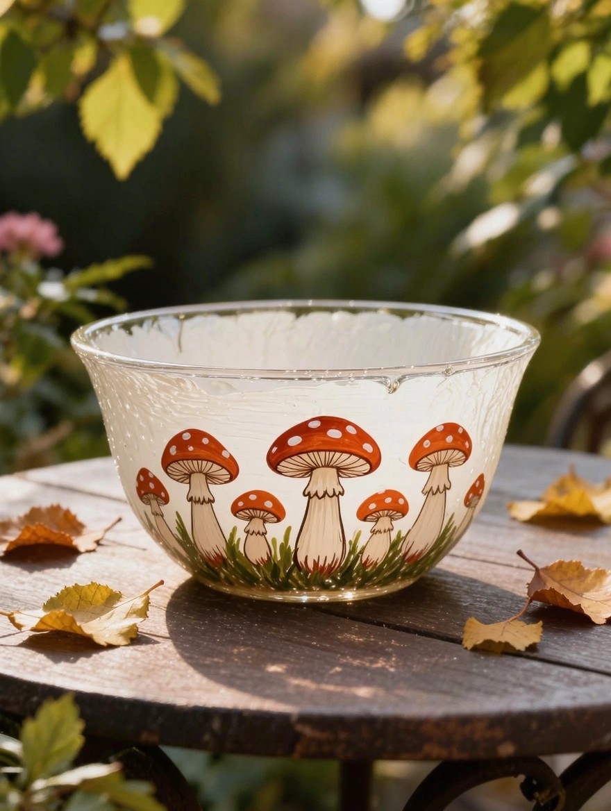 Clear textured glass bowl painted with multiple red-capped white mushrooms on green grass bases, sitting on a wooden table with scattered yellow autumn leaves.