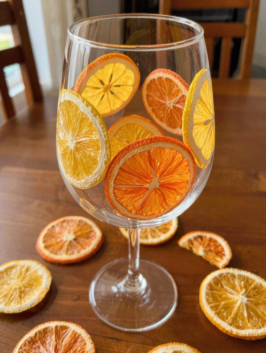 Clear wine glass with painted orange slices clustered around the bowl on a wooden table surrounded by real dried orange slices.