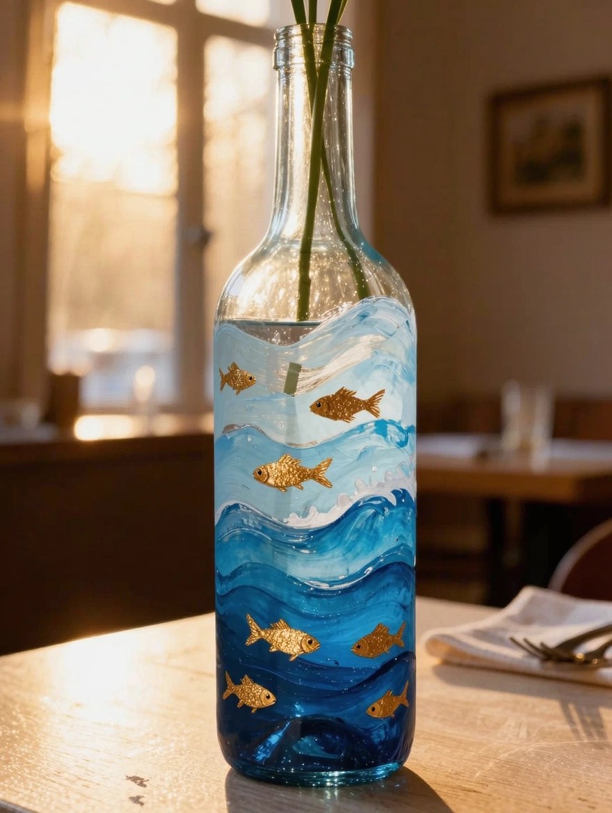 A clear glass wine bottle painted with blue waves and gold fish serves as a vase holding tall green stems and water on a wooden table by a sunlit window.