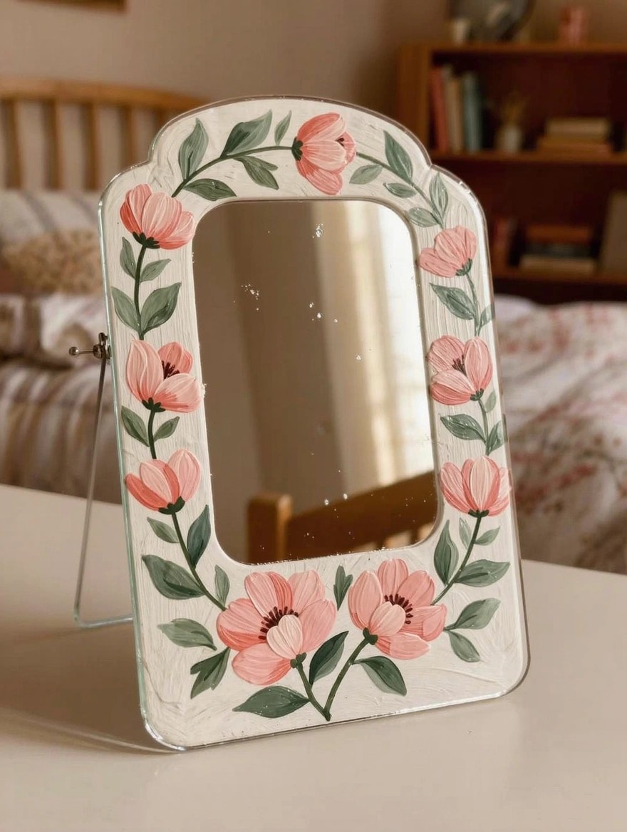 Small oval glass mirror with white-painted frame decorated in pink peony flowers and green leaves, propped on a metal stand atop a table.