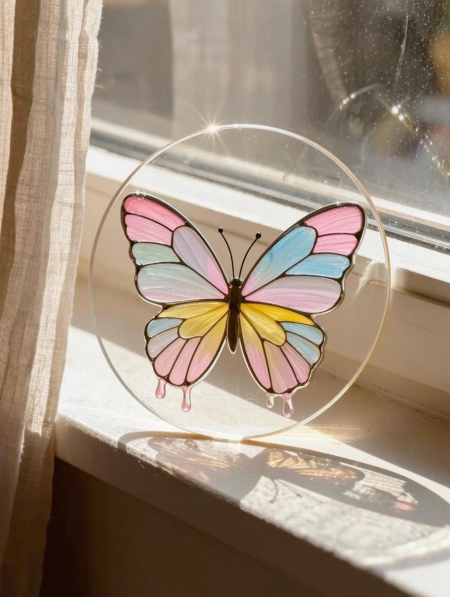 Colorful butterfly in stained-glass style painted on a round clear glass disc hanging on a sunny windowsill.