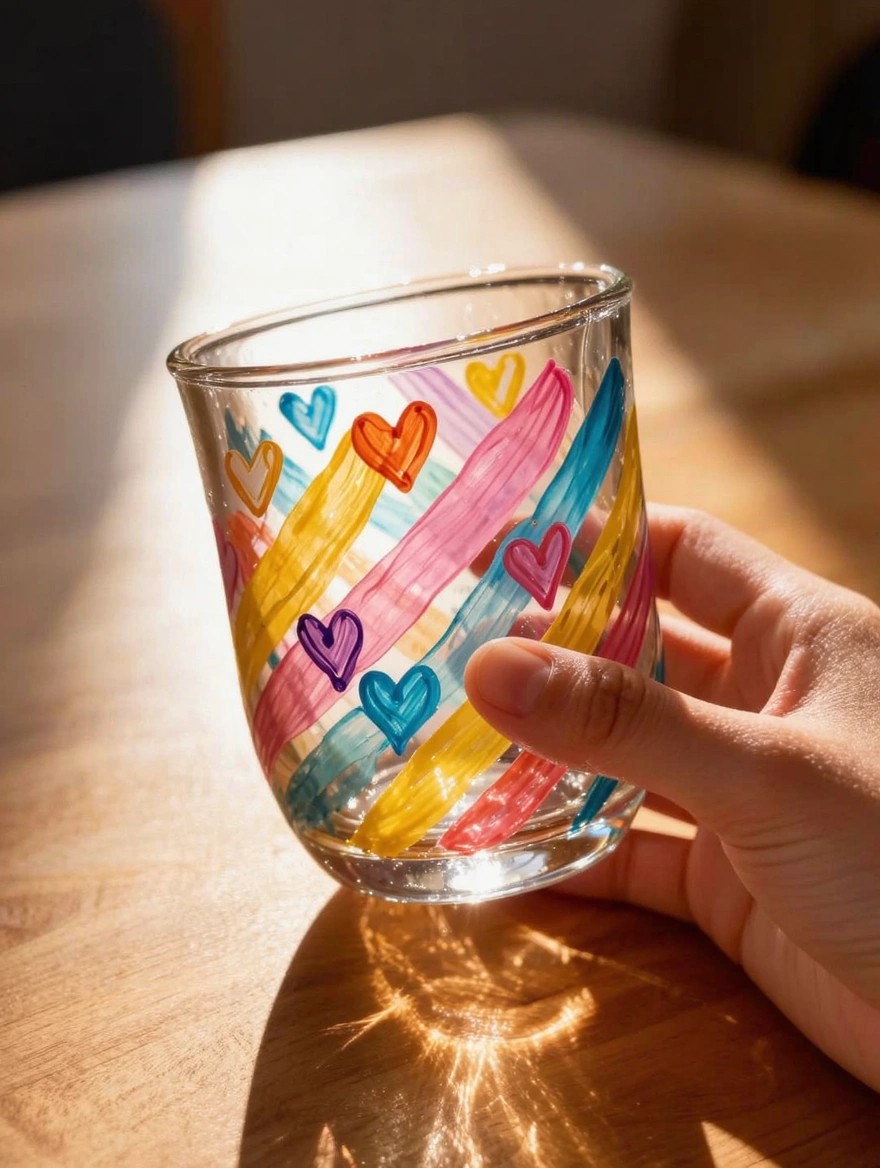A hand holds a clear glass tumbler painted with diagonal rainbow stripes and small colorful hearts on a sunlit wooden table.