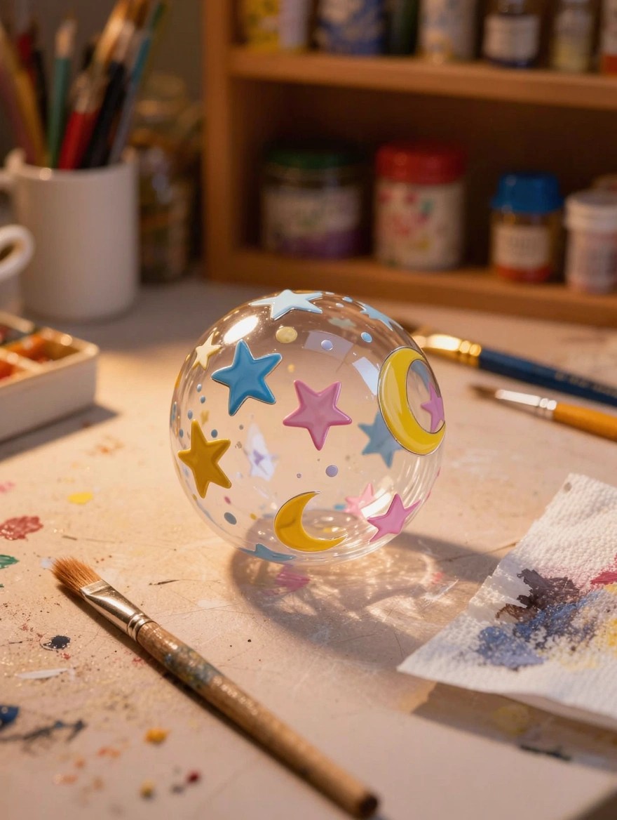 A clear glass sphere painted with colorful stars and crescent moons sits on a painter's workspace surrounded by brushes, paints, and a palette.