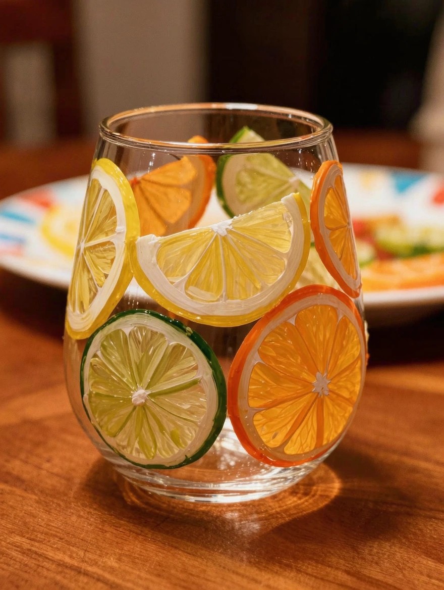 A clear stemless wine glass painted with colorful lemon, lime, and orange slices sits on a wooden table next to a plate of vegetables.