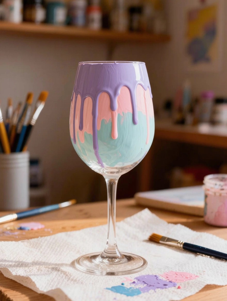 Clear wine glass with purple, pink, and teal paint drips covering the bowl, on a wooden table with brushes and paint supplies nearby.