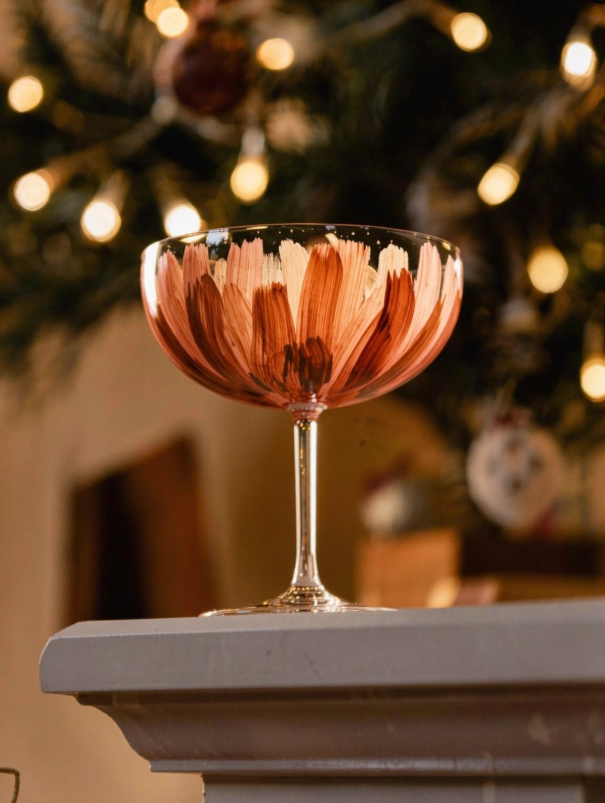 A champagne coupe glass with metallic pink, peach, and gold feather-like brushstrokes on the bowl sits on a ledge near a blurred Christmas tree and lights.
