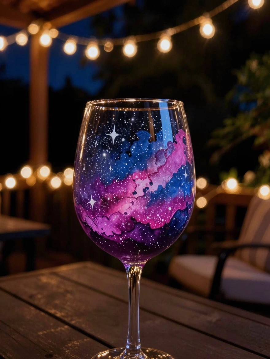 A clear stemmed wine glass painted with a purple, blue, and pink galaxy nebula design and white stars sits on a wooden patio table surrounded by string lights.